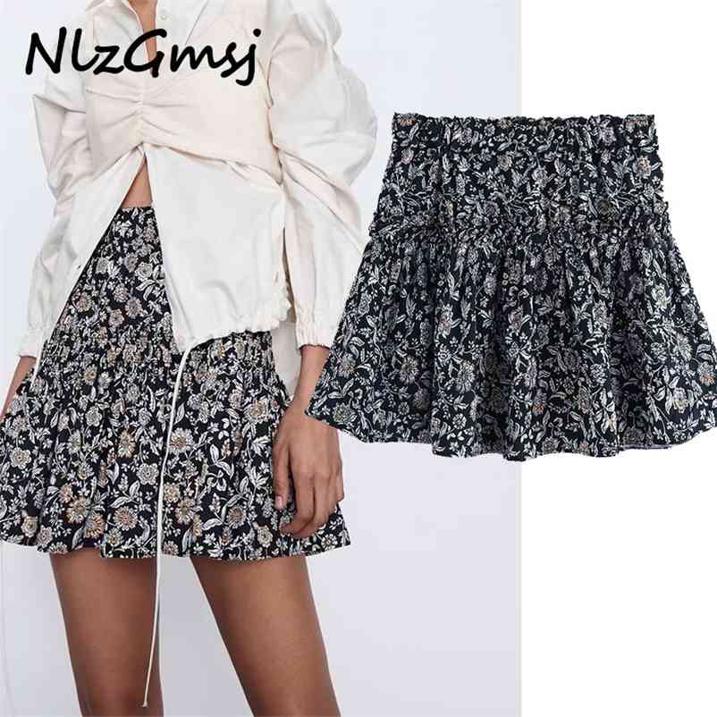 

Skirt's Spring Vintage Floral Print Elastic High Waist Pleated Mini Slim Ladies Ruffles Decoration 210628, As picture