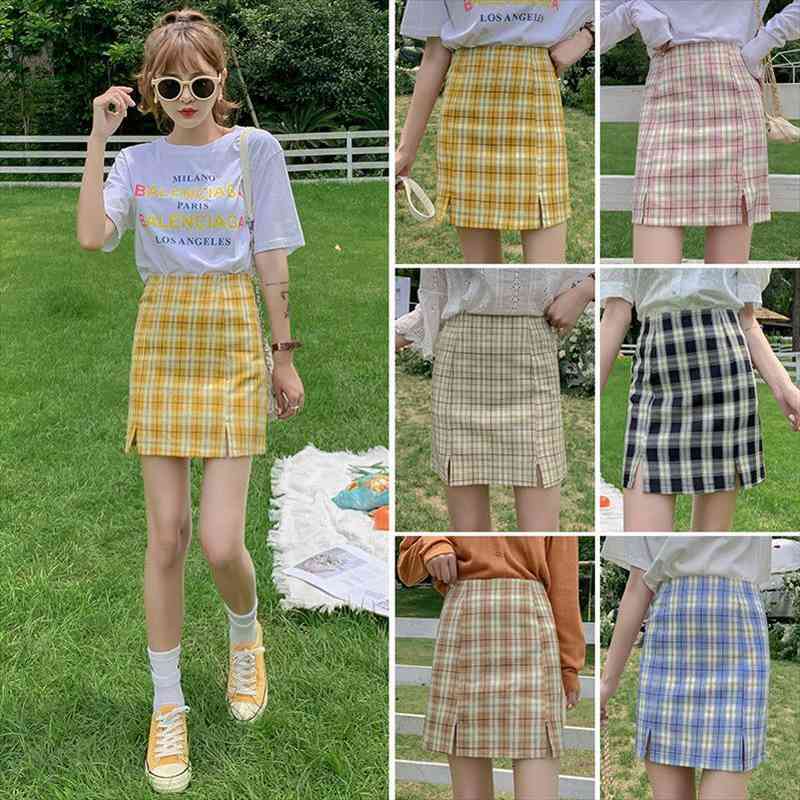 

harajuku women plaid skirt slim a-line skirt high waist split short skirts summer fashion ladies girls mini skirts, Black
