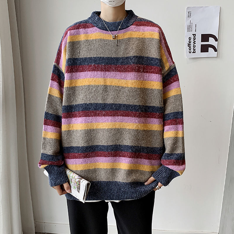 

2021 New Winter Striped Sweater Men's Warm Fashion Hit Color Casual Knitted Pullover Men Wild Loose Knitting Sweaters Mens Clothes M-2xl Sal, As shown in figure