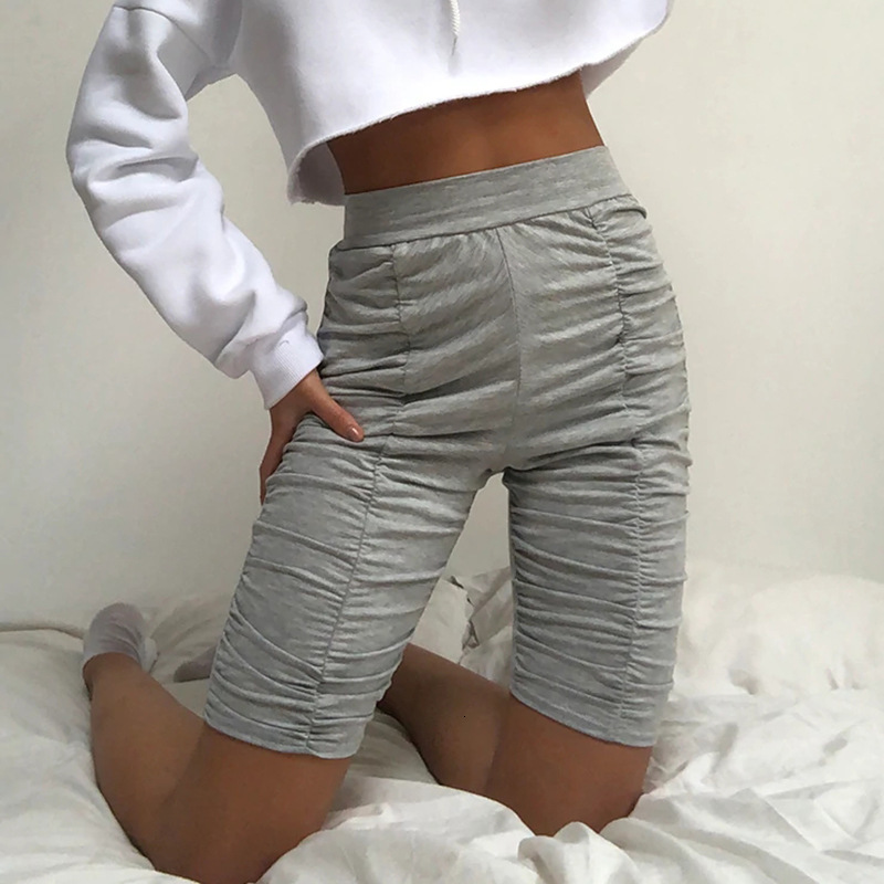 

2021 Gray Front Pleated Elastic Waist Sport Sweatpants Women Knee Length Shorts Spring Summer New Simple Casual Streetwear Hot Girls X0cs, Short black