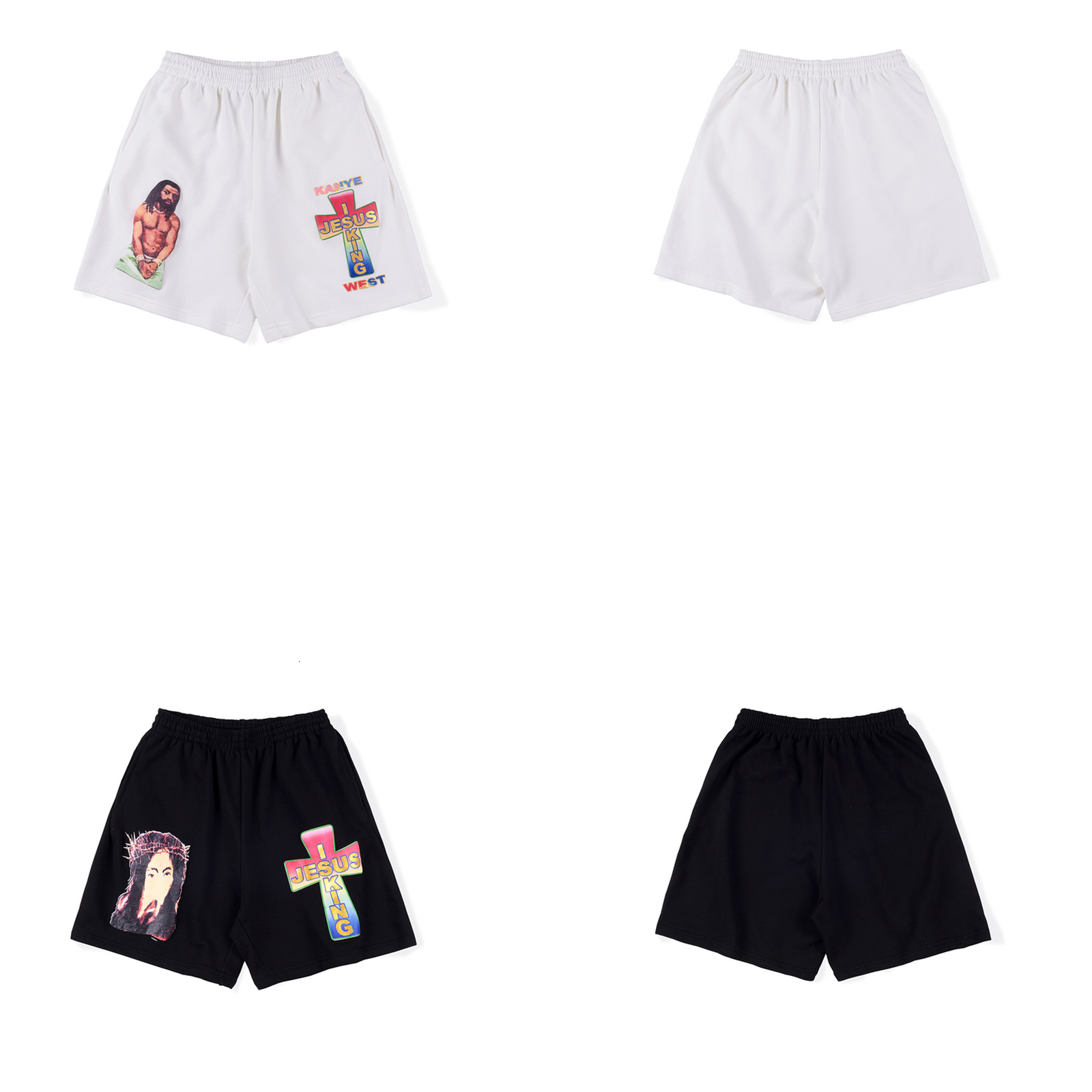 

2021 New Kanye West Jesus Is the King Cross Printed Casual Hiphop Streetwear Men Cotton Drawstring Male Shorts 7ioc, White;black