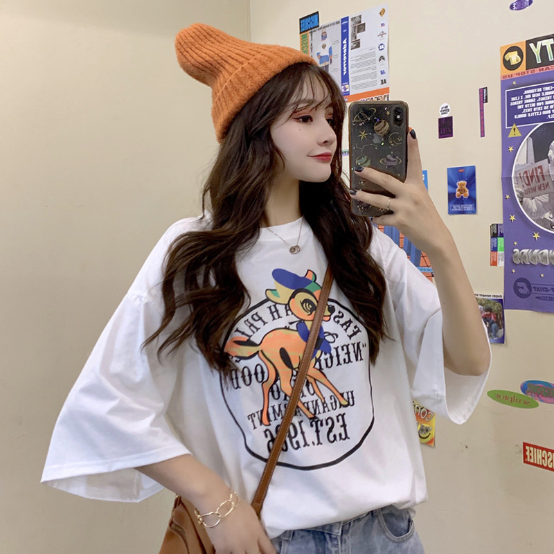 

2021 New Summer Tops for Women Fashion t Cute Fawn Cartoon Printed Short-sleeved T-shirt Tee Female Girls White Shirts Y9c3