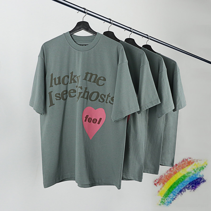 

2021 New Sponge Print Kanye West Shirt Woman Lucky Man Me i See Ghosts t Pink Heart-shaped Feel Tops Sunday Service F56r, Black