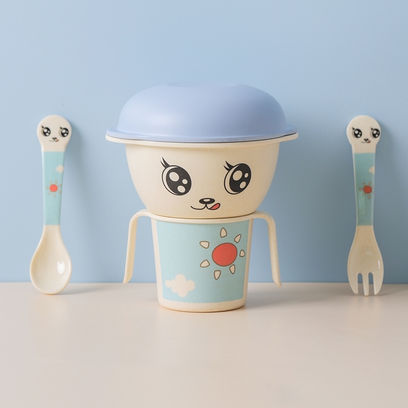 

Children's tableware five piece bamboo fiber soup with cover cup spoon fork set baby food auxiliary bowl
