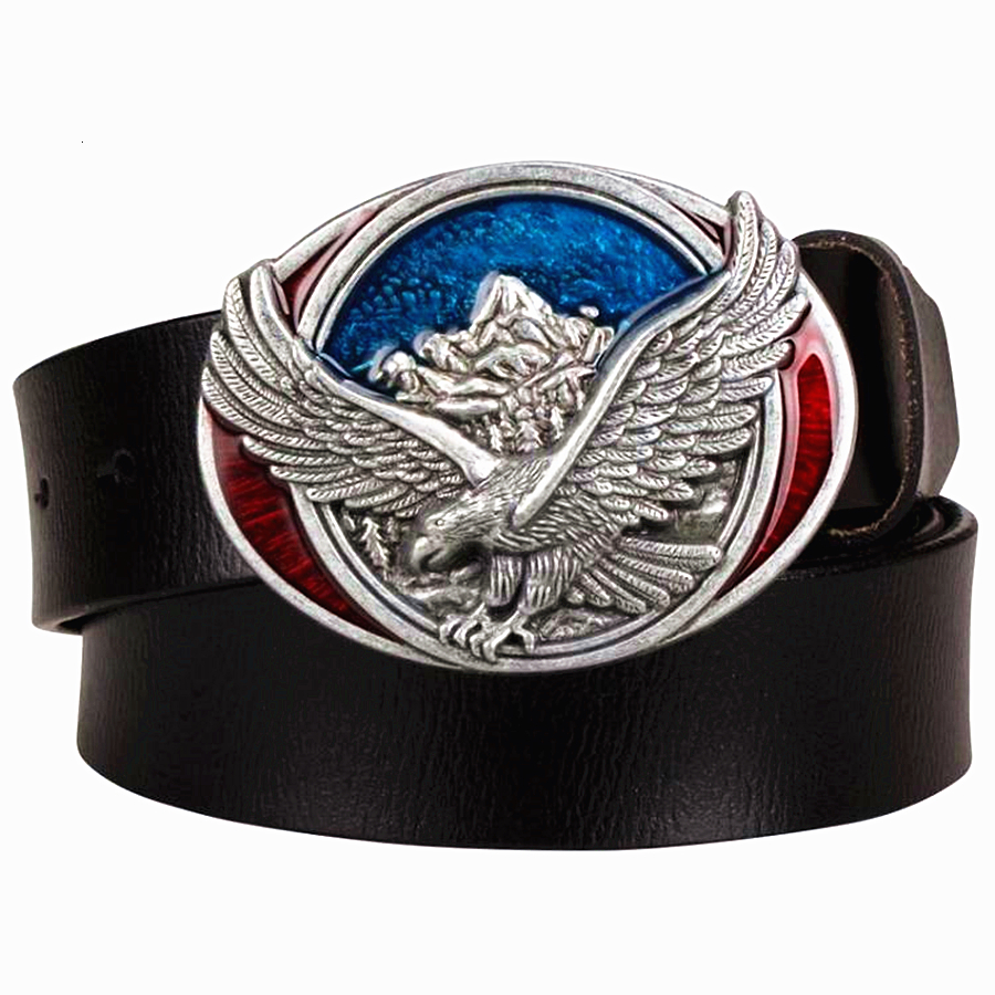 

2021 New Men's Genuine Leather Metal Buckle American Flag Belts Retro Fly Eagle Western Style Hip Hop Street Dance Belt 4huu, Black