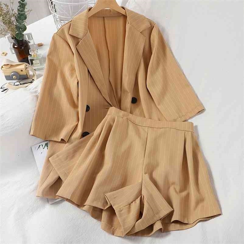

Summer Fashion Temperament Double Coat Top + Elastic High Waist Wide Leg Shorts Striped 2-piece Women's Suit SK057 210525, Dark gray
