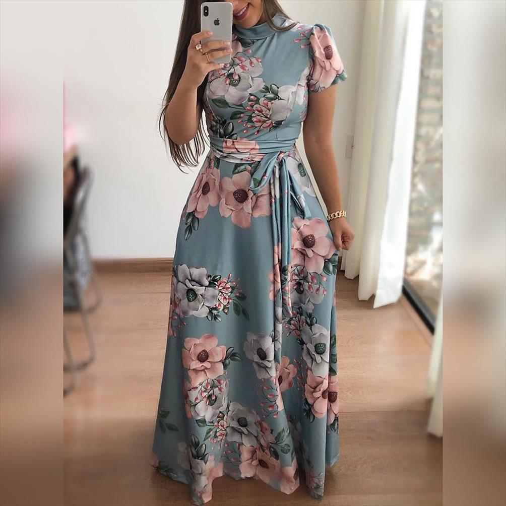 

autumn casual short sleeve printed women dresses o neck bandage belt maxi vestidos female irregular robe, Black;gray