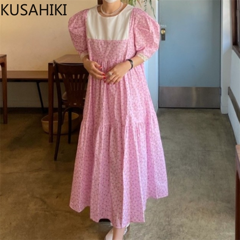 

Korean Chic Floral Woman Dress Contrast Color O-neck Puff Sleeve Dresses Lace Up Slim Waist Summer Vestidos 6J110 210603, Yellow