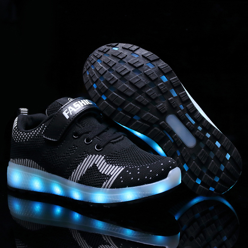 

Size 25-37 Boys Breathable Glowing Shoes Children USB Charge Luminous Sneakers Girls Led Light Up Sneakers Kids Shoes with Light, Black