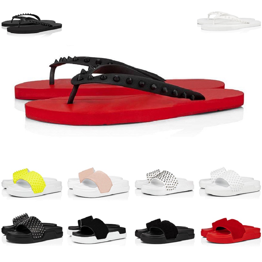 

high quality luxury red bottoms men slippers fashion slides triple black white spikes mens flat flip flops beach hotel platform sandals 38-46, Color#2