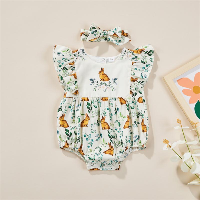 

Clothing Sets Summer Infant Baby Girl Outfits Sleeve Round Neck Romper Flower Leaf Print Bodysuit Headband Easter, White