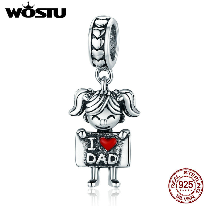 

WOSTU 100% Real 925 Sterling Silver I Love Dad Lovely Girl Charm Pendants Fit Original Women Bracelet Necklaces Jewelry CQC690 Q0531