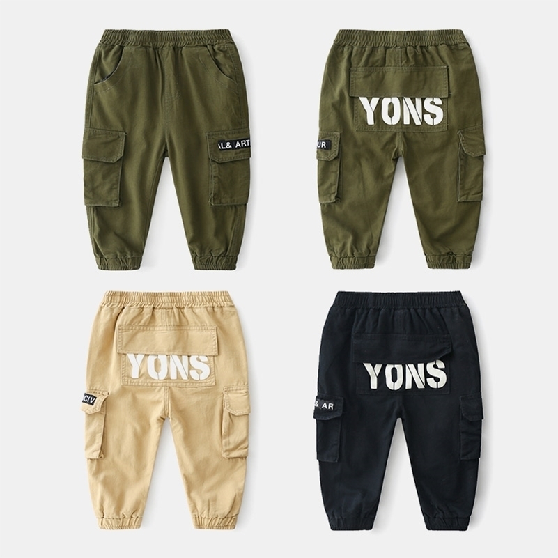

Baby Cargo Pants Spring Kid's Clothes Children's Letter Trousers Big Pocket Elastic Long Pants For Boys 2-7-9-10 Years 210701, Black
