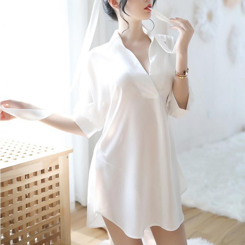 

Women's Sleepwear Women Sexy Lace Robe Female Intimate Lingerie Silk Satin Short Nightwear Wihte Black Kimono Bathrobe Gown Babydoll, T3