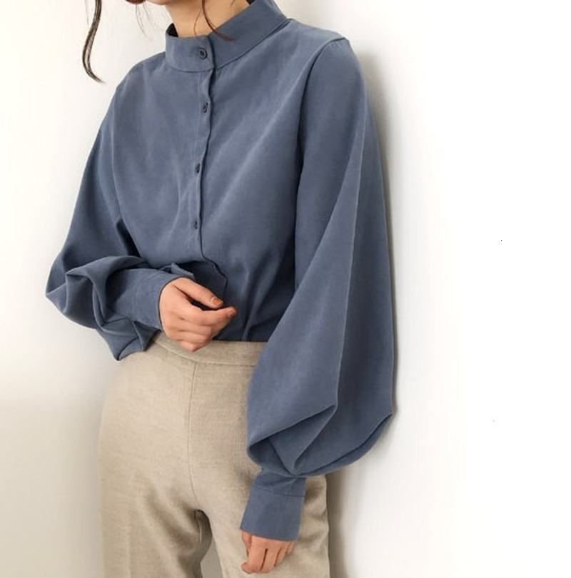 

2021 New Fashion Spring Shirt Lantern Long Sleeve Women Shirts Solid Stand Collar Office Blouse Lady Tops Blouses Elegant Rsjj, Blue