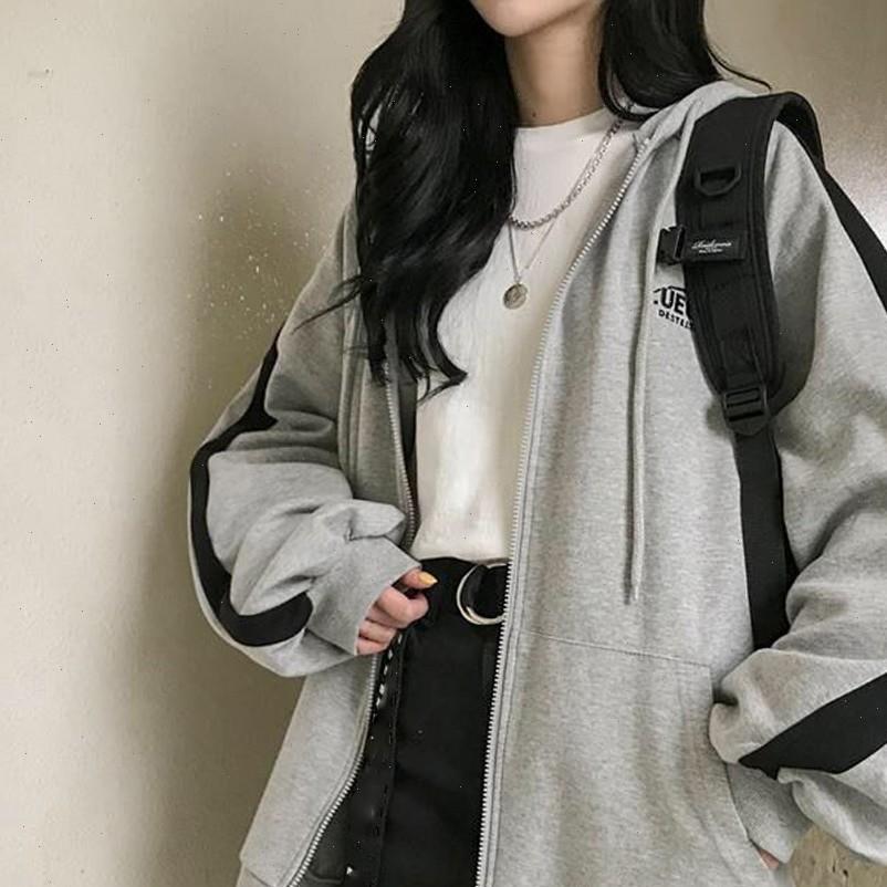 

fashion women zip up hoodies sports outdoor jacket korean style harajuku hooded long sleeve loose coat warm overcoat, Black