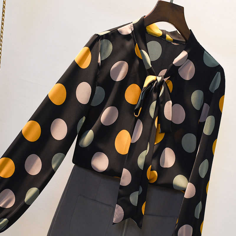 

Autumn Fashion Korean Style Women Long Sleeve Bow Lacing V-neck Shirts Polka Dot Chiffon Print vintage Blouse Plus Size D511 210608, Picture color