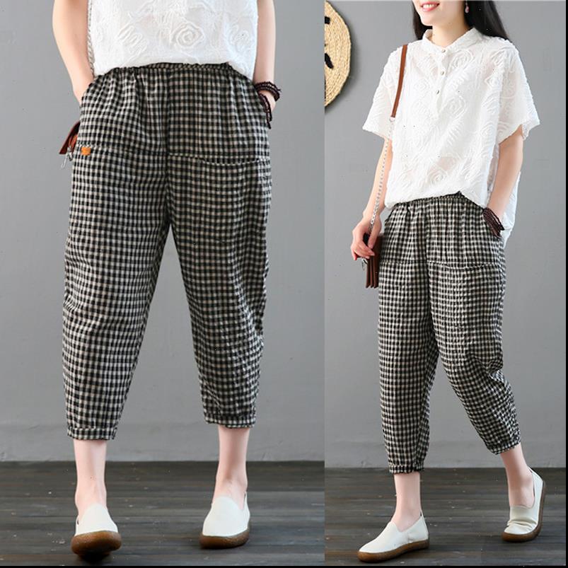 

women spring summer fashion japan style elastic waist cotton linen plaided ankle length harem pants office lady casual trousers, Black;white