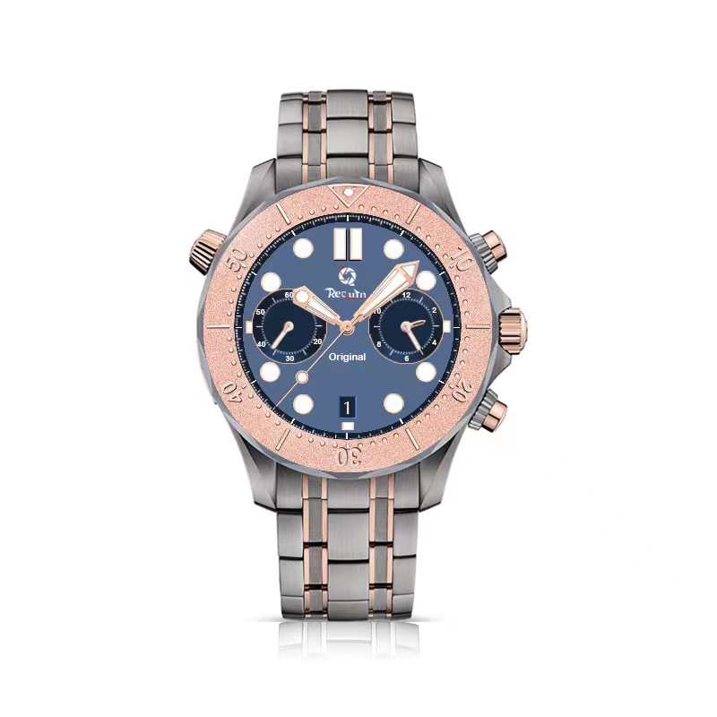 

Men's luxury quartz watch sea REQUIN rose stainless steel case blue wave pattern full working chronograph function dial master five-hand brand 210.60.44.51.03.001, Multi-color