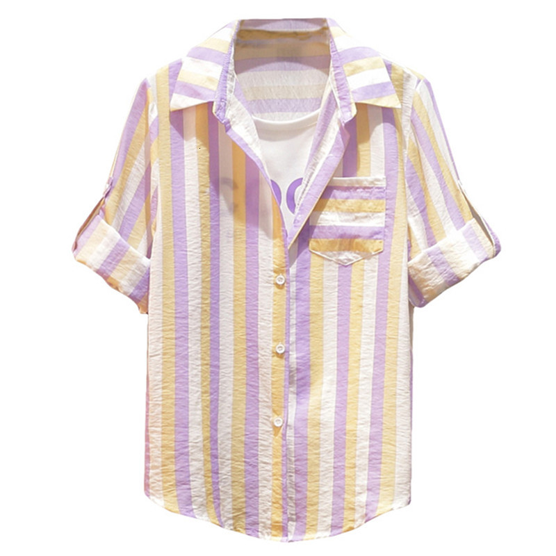 

2021 Super Size 5xl Striped Cotton Fake 2 Pieces Patchwork Designer Summer Sunscreen Blouse Shirts Women Tops Fashion Elegant G9ib, Purple