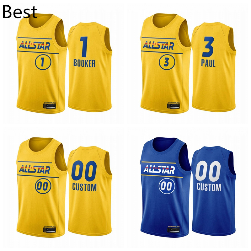 

2021 All-Star Devin Booker 3 Chris Paul Jersey Blue Gold Western Conference Phoenix Suns Men Basketball Uniform, White;black