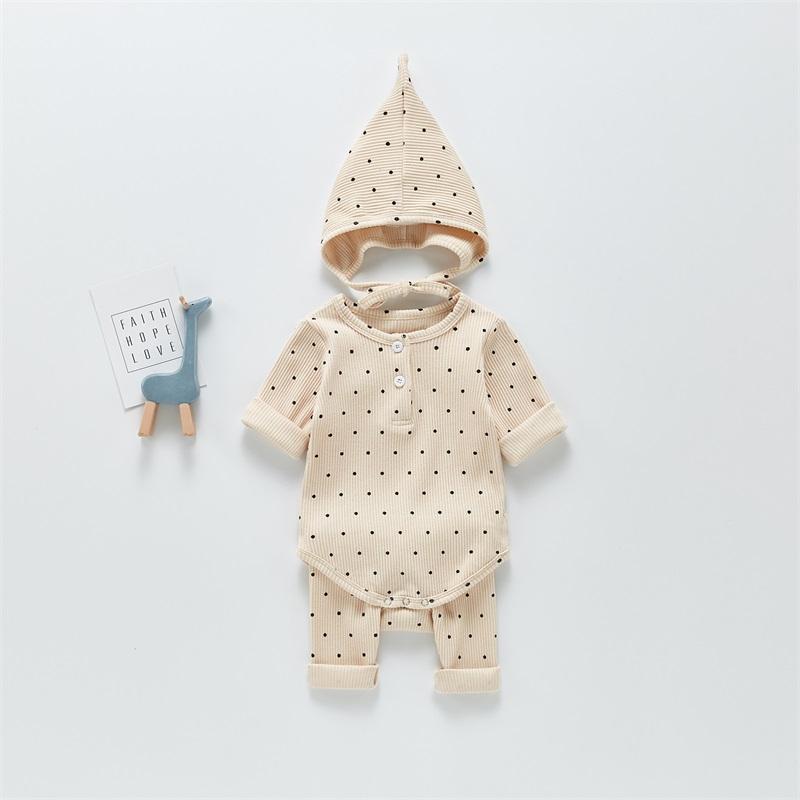 

Clothing Sets Baby Kids Clothes Girls And Boys 2021 Fashion Dot Printed Cotton Bodysuit Pants Hat Suits Children, Beige