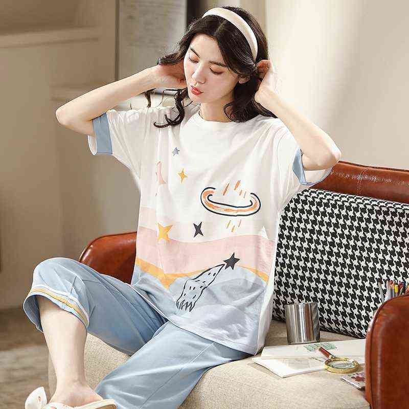 

Summer Cartoon Cotton Pajamas Set Women Pyjamas Sleepwear Nightwear Pijama Mujer Home Wear Plus size Calf-Length Pants Nightsuit 211109, 01