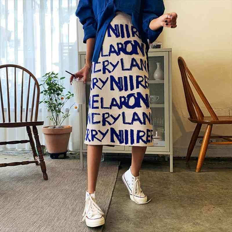 

[ewq] slit letter knitted women skirts high waist all-match trendy clothing korean chic casual bottom 16w159120, Black