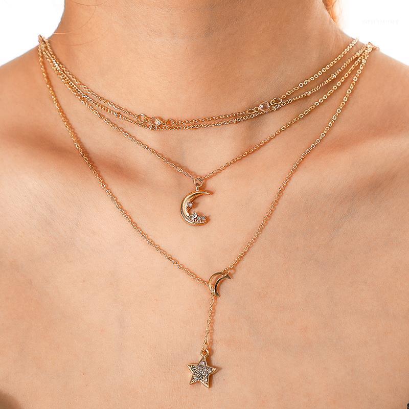 

Chains 2021 Necklace For Women Female Moon Star Shape Design Bohemia Multi-layer Clear Crystal Stone Clavicular Chain Jewelry