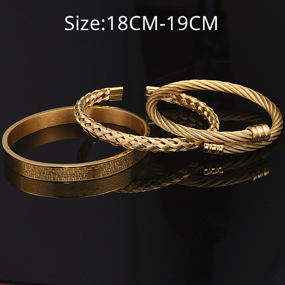 

Luxury 3pcs/Set Cross Bangle Men Bracelet Cuff Open Stainless Steel Titanium Faith Bangle Gold Color 2021 New Jewelry for MenBracelets