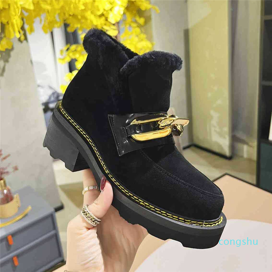 2025 Femmes Lambswool Beaubourg Bottines Mode Dames Chaîne En Métal Imprimé Randonnée Boot Top Designer Femme Hiver Fourrure Neige
