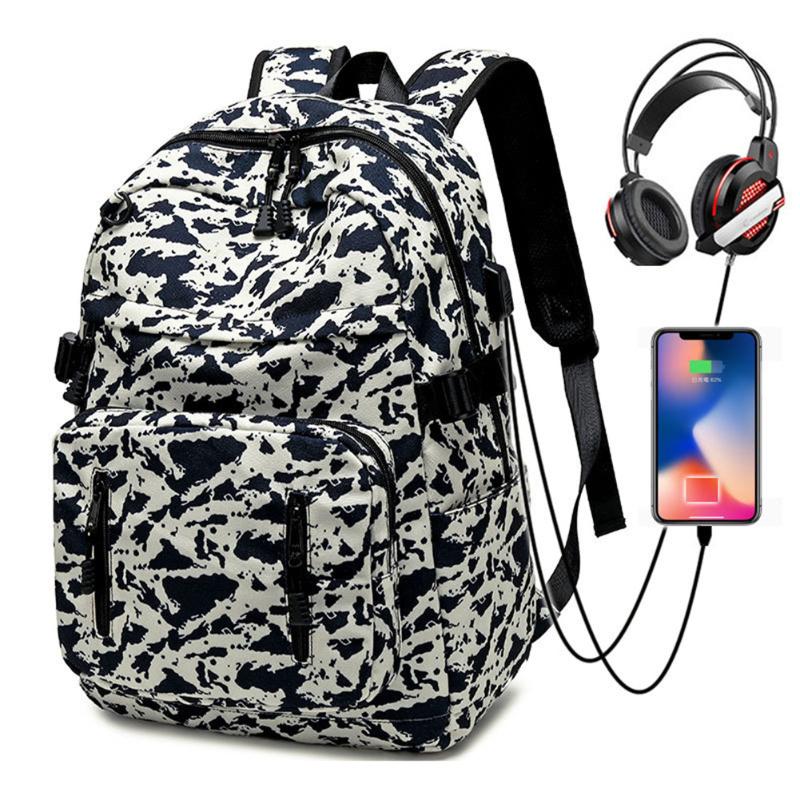 

Backpack Fashion Camo Printed Men School Bags Large Capacity USB Charge Laptop Travel Rucksack For Teenagers Boys, White