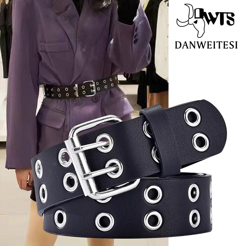 

DWTS] Leather belts for women belt female Punk Chain Fashion Belt Adjustable Row Hole Eyelet Waistband Chain Decorative punk, Black
