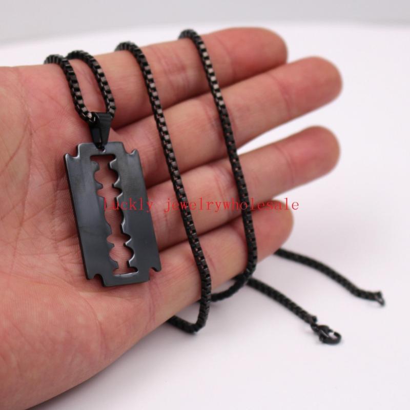

Plated Black Men's Punk Hip-Hop Stainless Steel Razor Blade Dog Tag Necklace Pendant with 24'' Box Chain Barber Jewelry