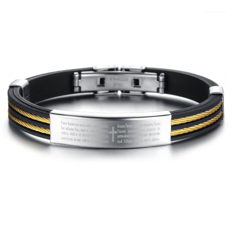 

Black Genuine Silicone Bracelet Stainless Steel Men Bible Print Bangle Gold