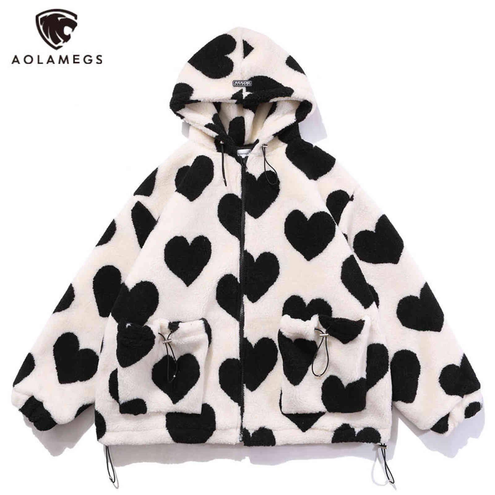 

Aolamegs Cute Heart-shaped Print Lambswool Winter Jacket Men Drawstring Pockets Zipper Hooded High Street Warm Couple Streetwear 211110, Black