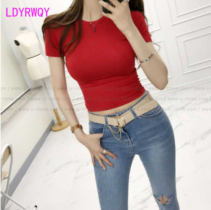 

[LDYRWQY] South Korea summer umbilical sexy slim top short round neck solid color sleeve chest T-shirt women 210603, Blue