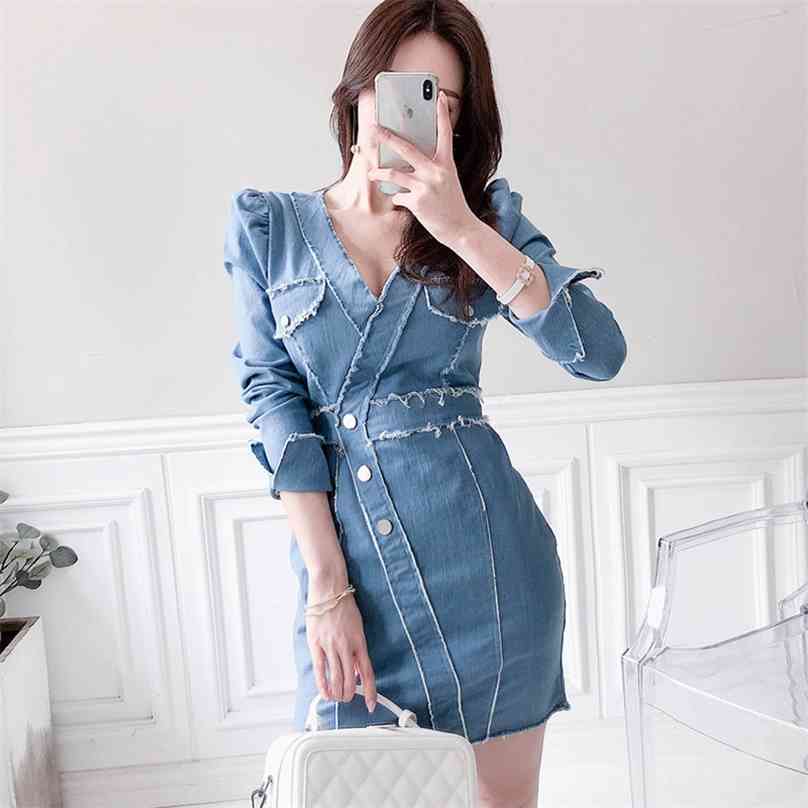 

denim Dress for women For Summer Long Sleeve V neck Ladies Sexy Office party bodycon Dresses 210602, Blue