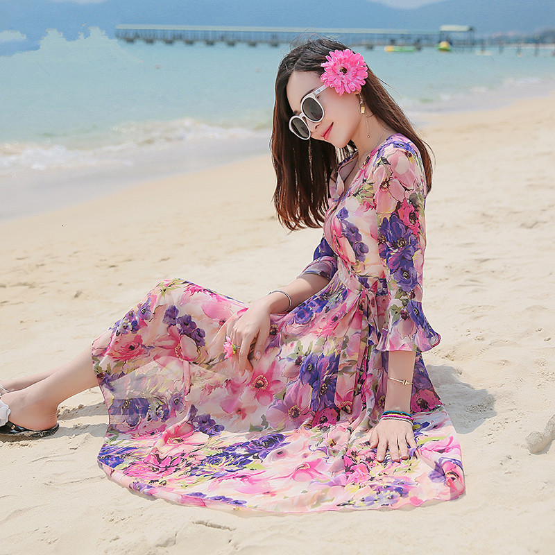 

2021 New Robe Chiffon v Neck Femme Slim Bohemian Holiday Beach Female Floral Summer Es for Women Vestidos Mujer Fyy529 B3lb, Red