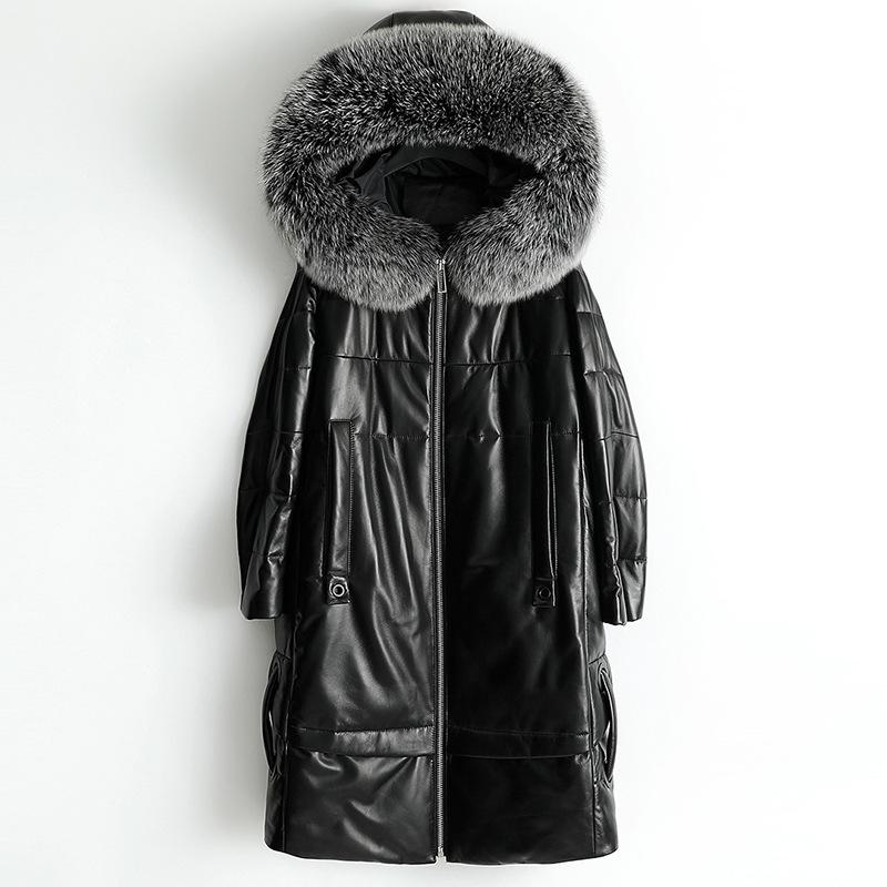 

Women's Leather & Faux Winter Warmer Genuine Down Jacket Fur Hooded Real Sheepskin Long Coat For Women Lady Thick Outwear, Black