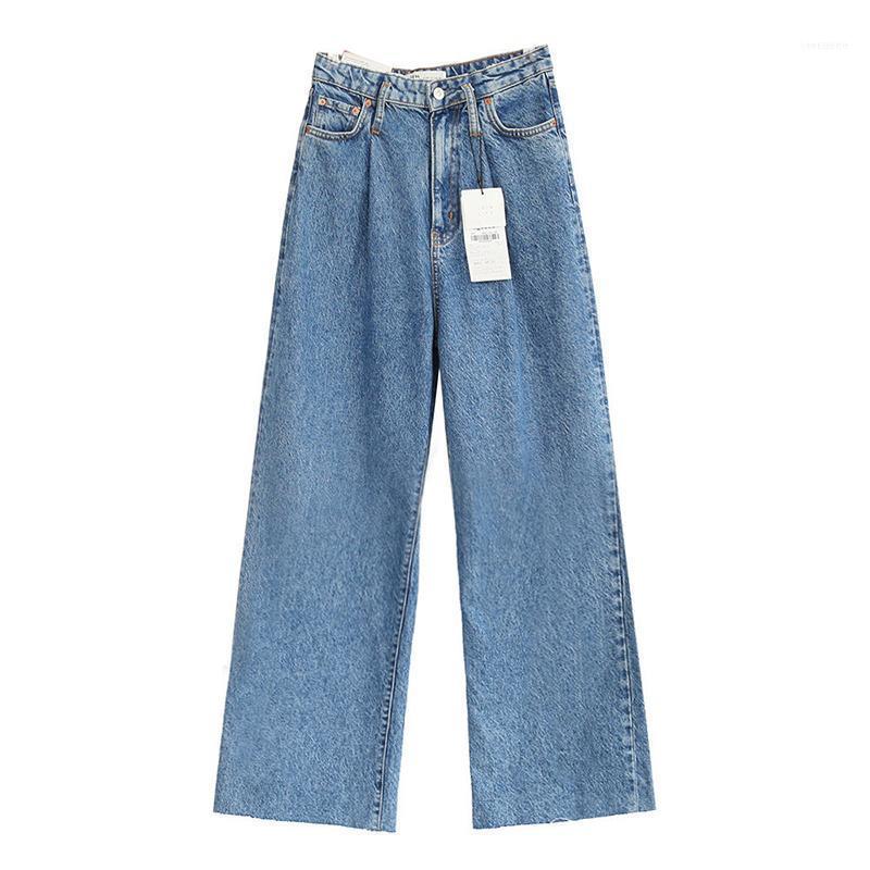 

Women's Pants & Capris 2021 Women Blue Pleated Wide Leg Woman's Jeans High Waist Pockets Long Denim Trousers Female Casual Streetwear Solid1, Black;white