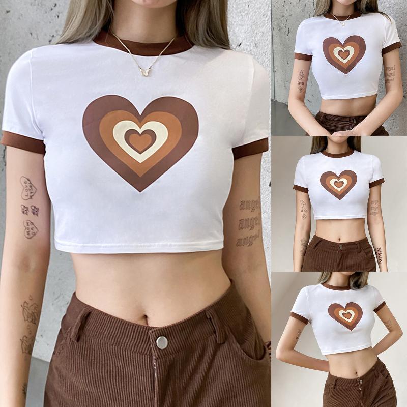 

Women' T-Shirt Summer Girls Round Collar Ladies Fashionable Heart Printing Short Sleeve Midriff-baring Top Slim Base Shirt, White