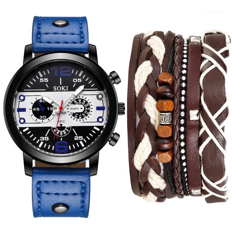 

Wristwatches XSVO Men's Fashion Creative Big Dial Belt Quartz Watch + Bracelet Set Sports Leather Male Clock, Brown