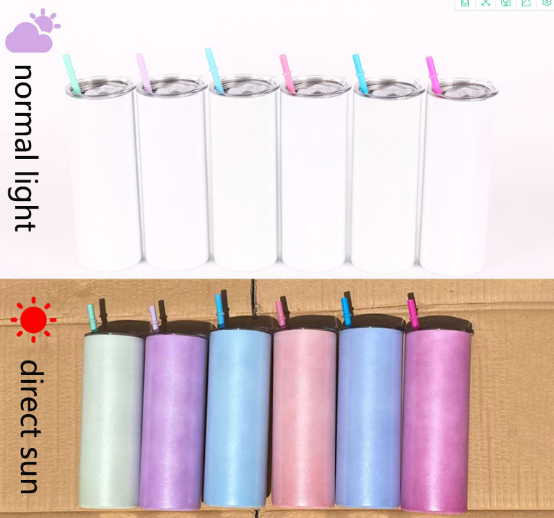 

Sublimation Blanks Tumbler UV colors change Cup Blank 20oz Stainless Steel Skinny Insulated Tumblers DIY Straight Cups Beer Coffee Mugs In Stock WLL1078, With sealing lid+straw