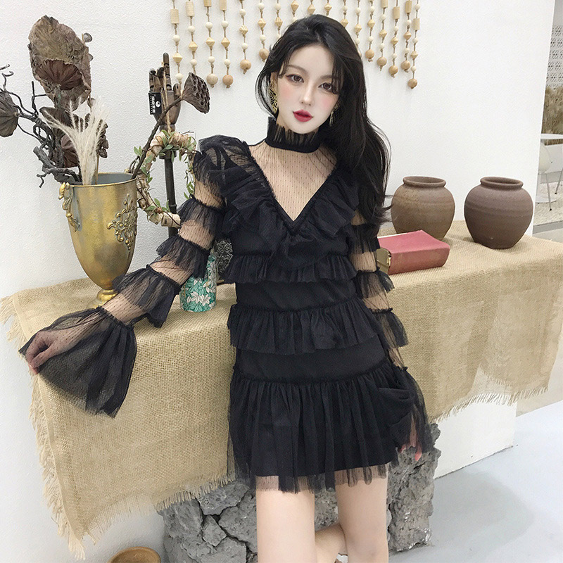

Mesh Patchwork Mini Dress Vintage Women V Neck Flare Sleeve Perspective Sexy Party Dress Female Ruffles Dress Vestidos, Black;gray