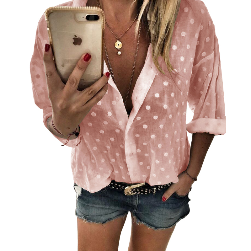 

2021 New Womens Tops and Blouses Summer Polka Dot Turn-down Collar Office Women Shirts Streetwear Casual Plus Size Ladies Blouse 0hag, White