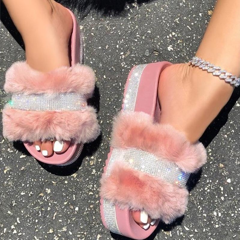 

2021 Women Slippers Fashion furry Fluffy Fur Slides Home Flip Flops Crystal House Platform Shoes Woman Female Ladies Slippers, Rose red