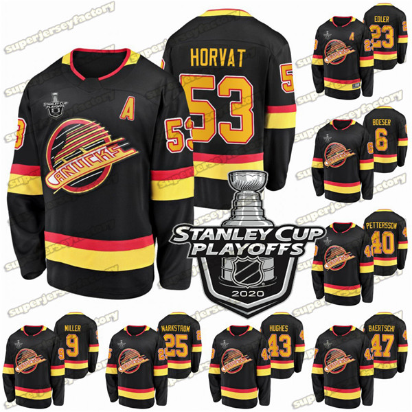 

Bo Horvat Captain Vancouver 2020 Stanley Cup Playoffs Jersey Brock Boeser Elias Pettersson Quinn Hughes Jacob Alexander Edler J. T. Miller, Black;red