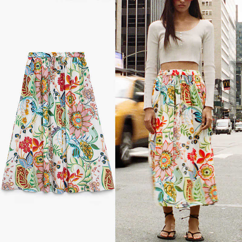 

Za Flowers Print Midi Skirt Women Vintage High Waist Pleated Midi Skirts Woman Elastic Drawstring Waist Summer Skirt 210602, As picture