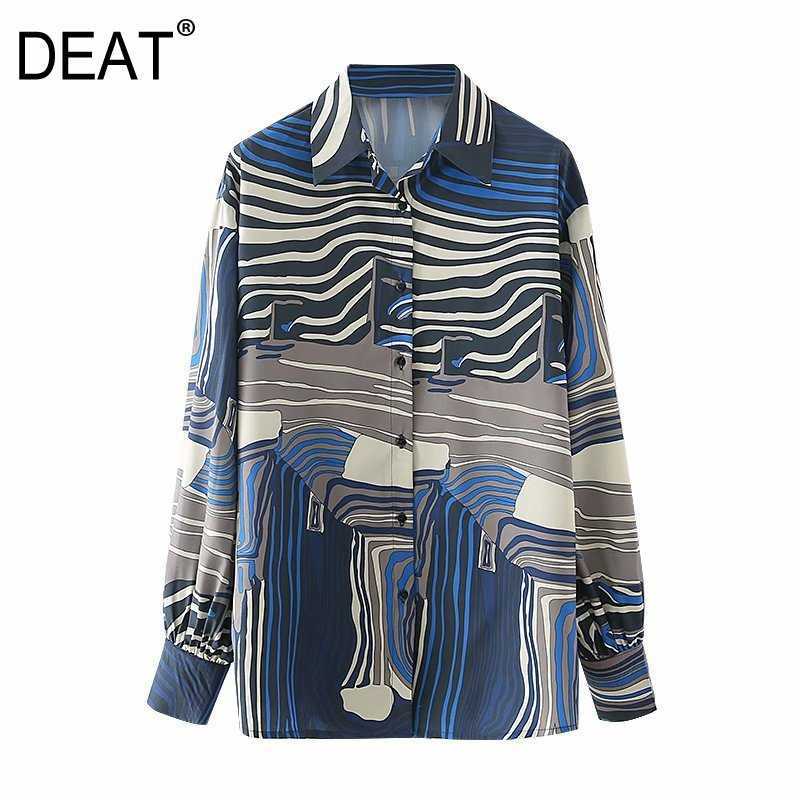

[DEAT] Spring Autumn Fashion Turn-down Collar Printing Single-breasted Long Sleeve Loose Women's Shirt 13W719 210527, As shown